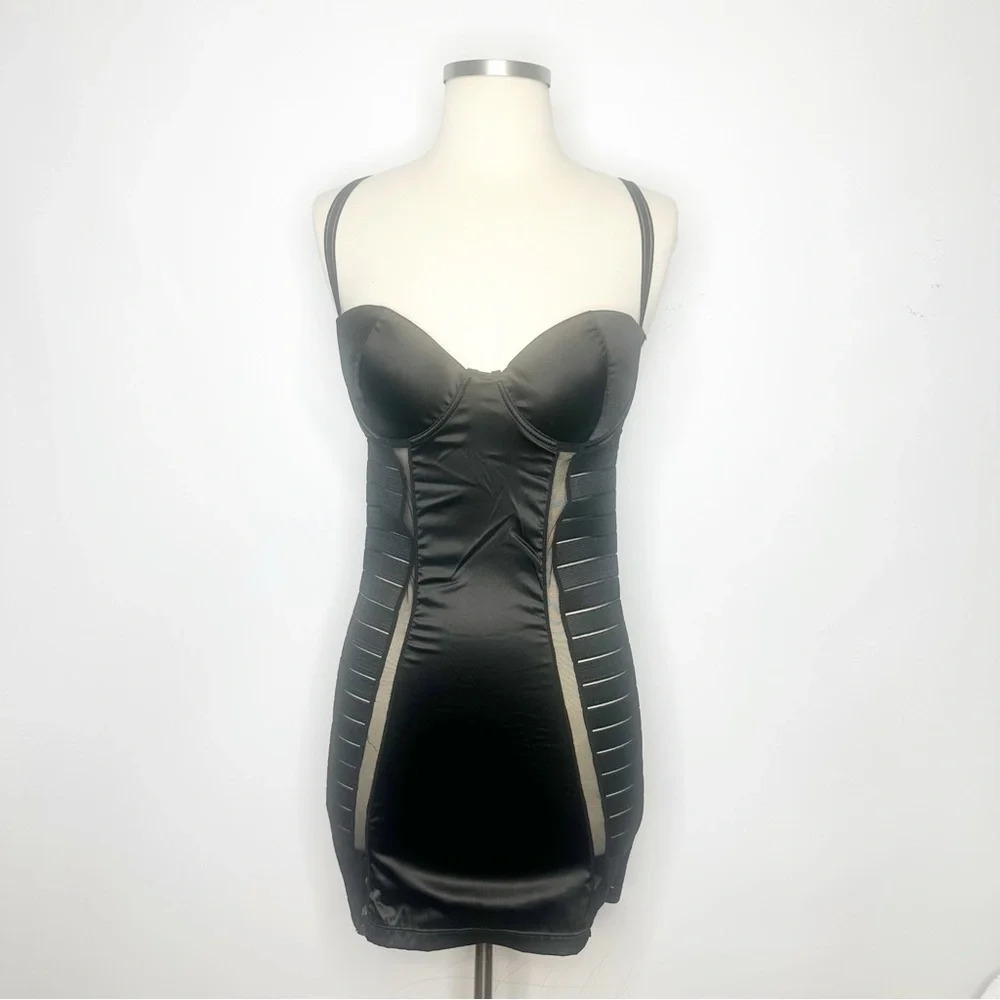 Oh La La Cheri Black Satin Underwire Bodycon Lingerie Slip Dress Medium